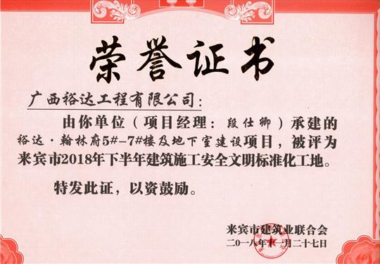 来宾市2018年下半年安全文明标准化工地（万搏体育集团有限公司
。翰林府5#-7#楼及地下室）