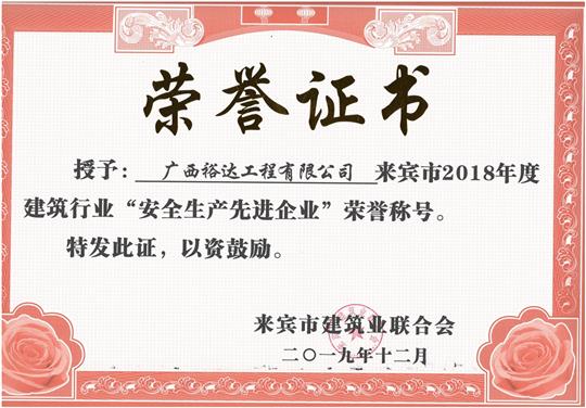 来宾市2018年度建筑行业“安全生产先进万搏体育集团有限公司”